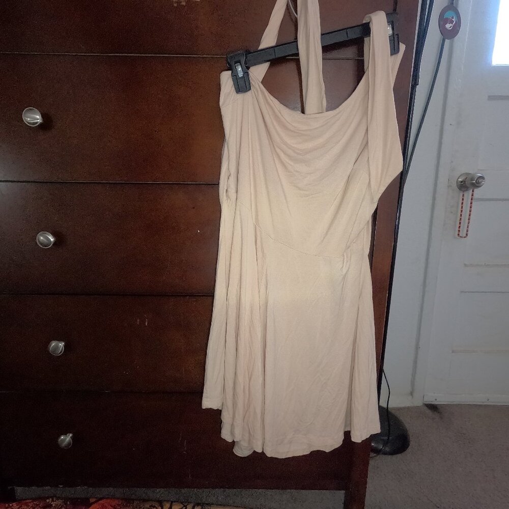 Chic Cream One-Shoulder Drape Mini Dress - Size XL - Boho Minimalist